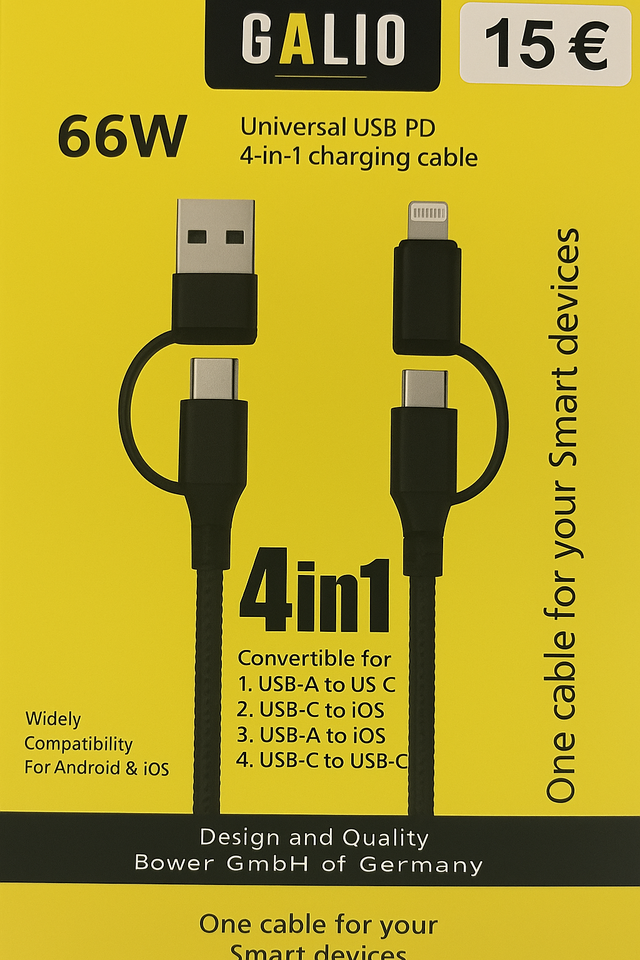 🔌 GALIO Deluxe 4-in-1 Lade- & Datenkabel – USB-A/USB-C auf iOS & USB-C 66w
