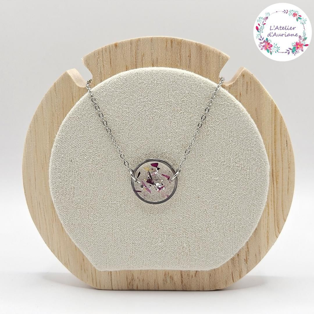 Collier "Petite rose & feuilles d'argent" argenté