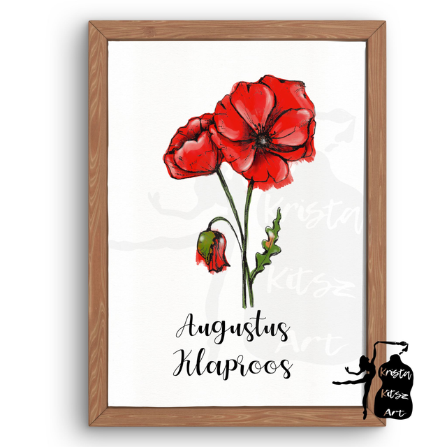 Geboortebloem Augustus Klaproos in kleur,  luxe kunstprint op fine art papier van originele tekening, met of zonder tekst