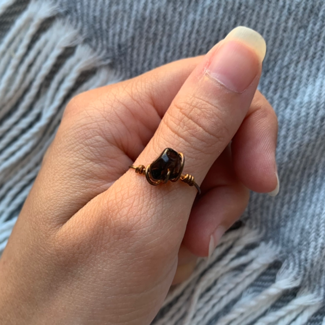 Bague Cuivre et Quartz Fumé T52