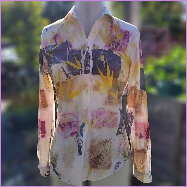 100% Cotton Blouse size 8 - eco printed with bamboo and fern &amp; patch dyed with cutch, brazilwood and oak gall extract