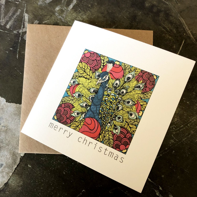 Card - Christmas - Peacock blue/red with text