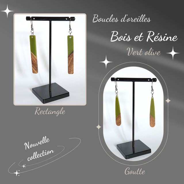 Boucles d&#039;oreilles VERT Olive en Bois &amp; Résine