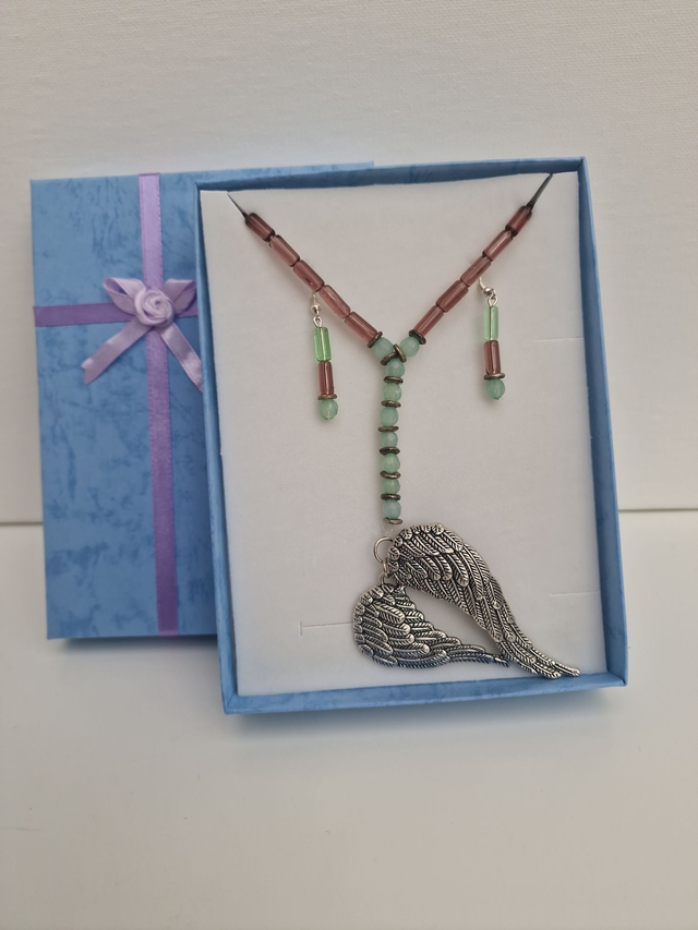 Parure Bijoux Perles De Verre Vert Prunes Ailes Argentées