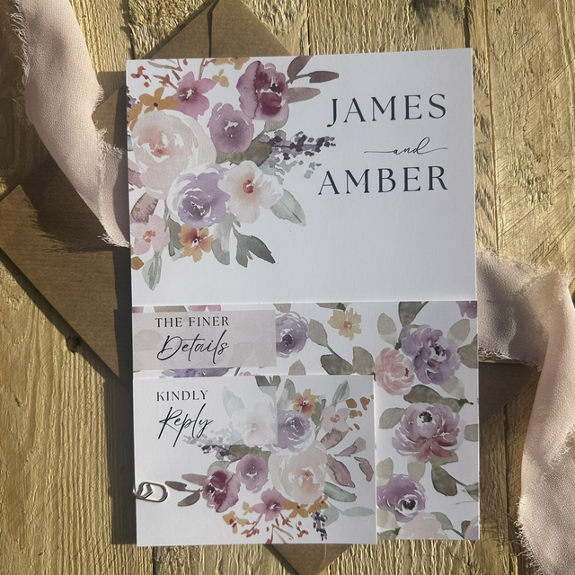 Layered Wedding Invitations “Rosalie” blush, mauve purple, ivory and sage green flowers – Includes RSVP &amp; Guest Info Cards, Kraft or White Envelopes