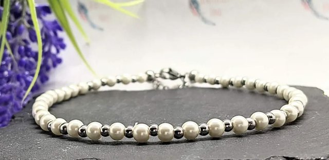 Ivory faux Pearl &amp; Stainless Steel Beaded Anklet 