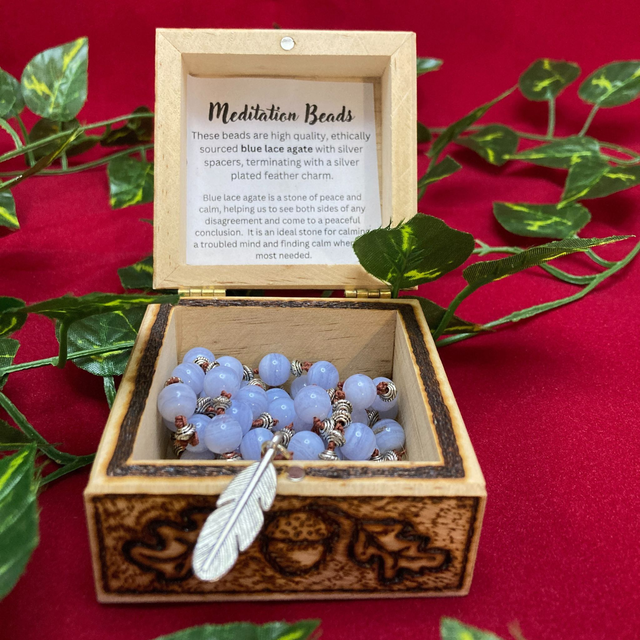 Hand-made Blue Lace Agate Meditation Beads with feather finial.