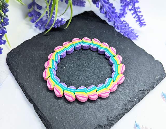 Rainbow Heart Polymer Clay Beaded Children's Stretch Bracelet  