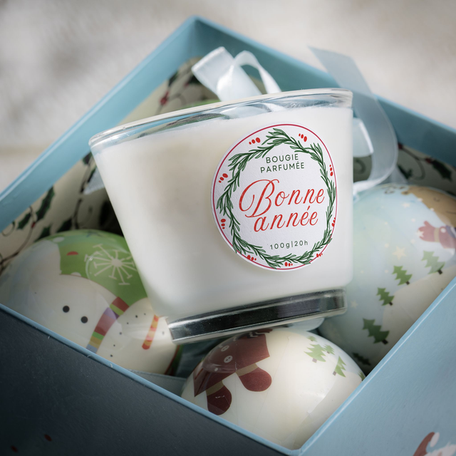 Bougie artisanale parfumée en cire de soja avec étiquette personnalisée - Cadeau pour Noël, Nouvel An, Fêtes de fin d'année, 100g (JN07)
