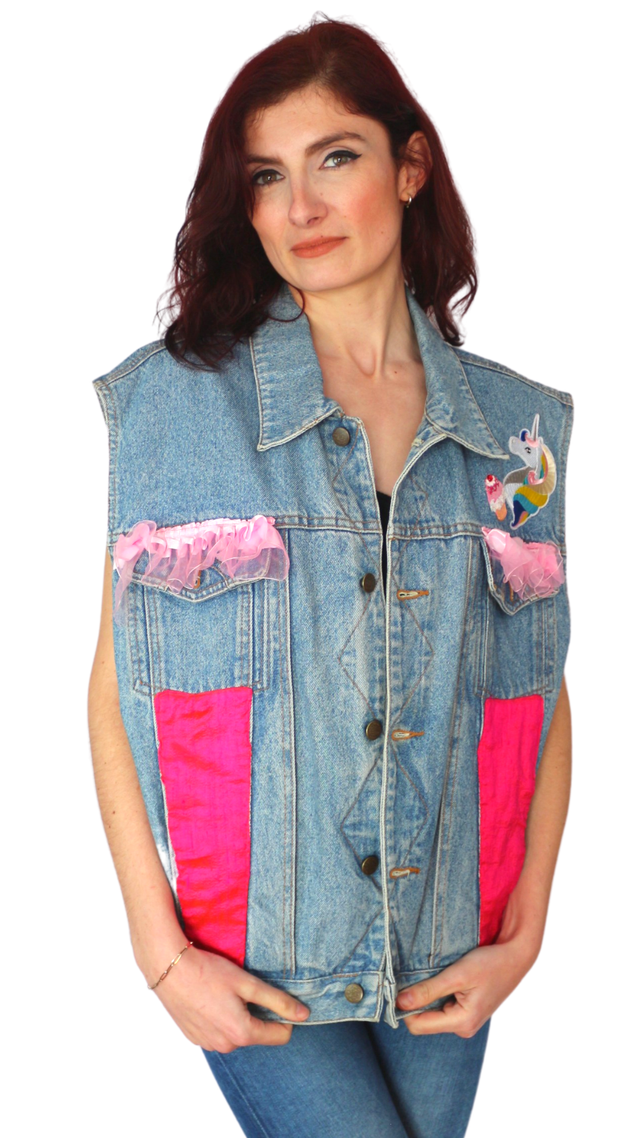 Veste en Jean Upcycler Unique Licorne - Dos Peint à la Main, Taille XL