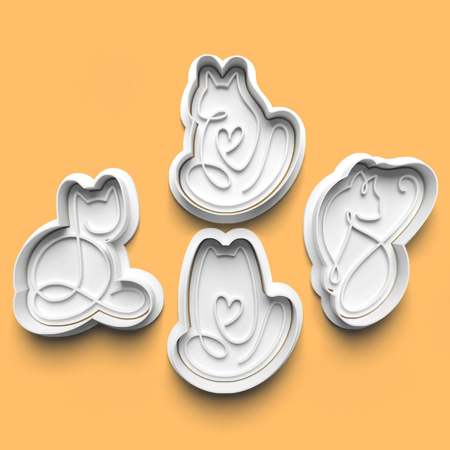 Cat Line Art Cutter Embosser Set of 4 Cookie Cutters &amp; Stamps Biscuit Mould Debossed (2)
