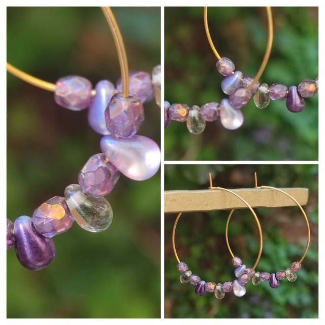 Créoles gouttes et perles en verre violine aux jolis reflets, acier inoxydable doré,pièce unique - sans nickel 