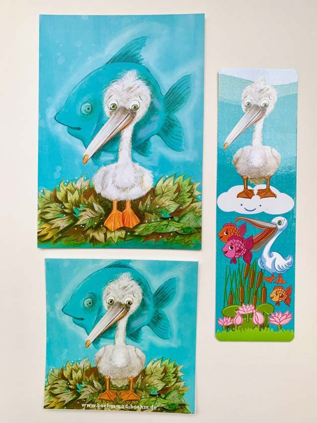 Bundle "Schlauer Pelikan": Postkarte, Aufkleber, Lesezeichen / "Smart Pelican": Postcard, Sticker & Bookmark