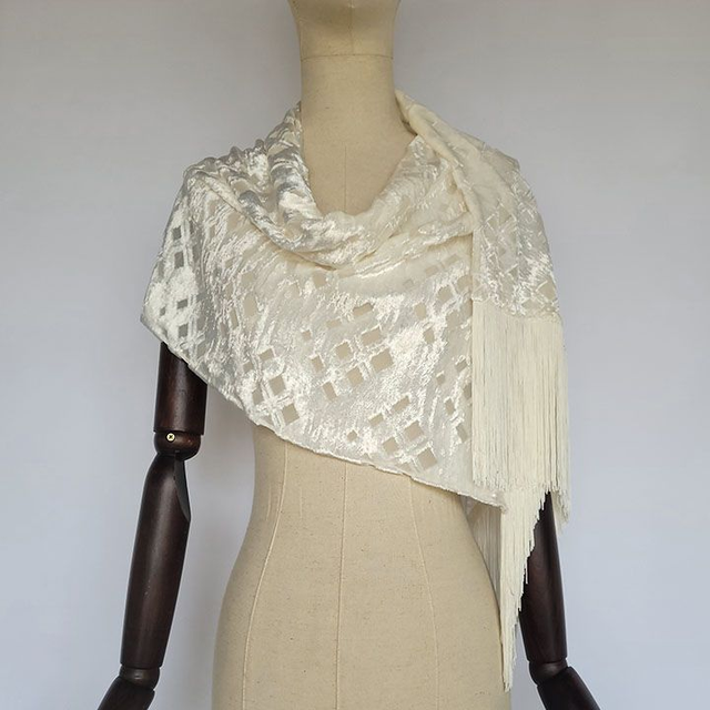 Écharpe Couture - Velours Dévoré de Soie Beige Motifs Géométriques - Pièce Unique