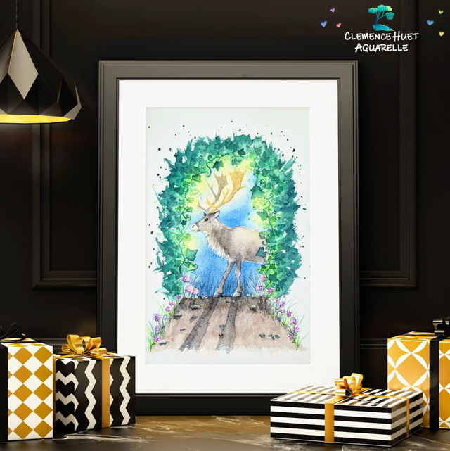 Le cerf majestueux, aquarelle originale Forêt enchantée