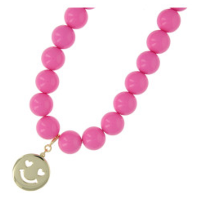 FUSHI KETTING 16MM ACRYL KRALEN ROZE MET GOUDEN SMILEY