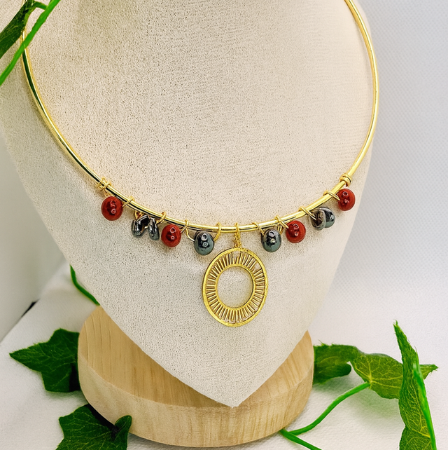 Collier ras de cou hématite jaspe rouge 