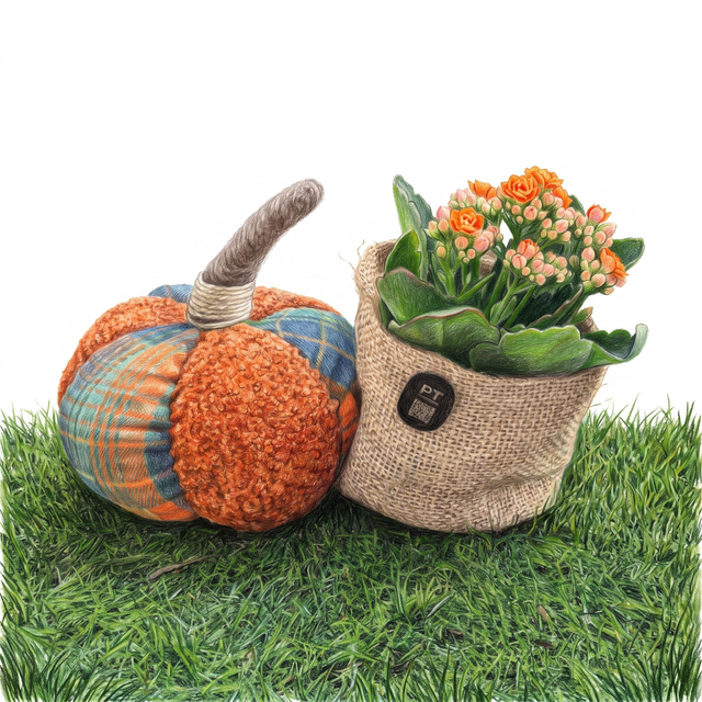 Duo d’automne Kalanchoé en pochon de jute &amp; Citrouille textile cocooning
