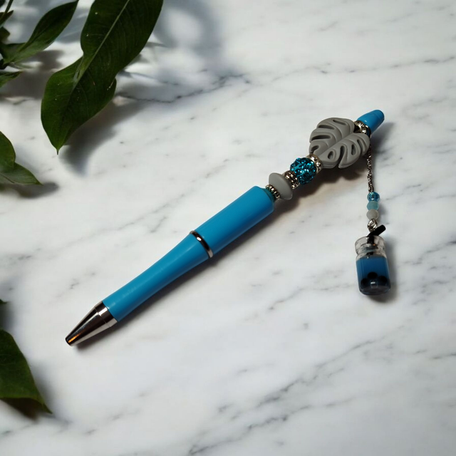 Stylo perles bleu gris