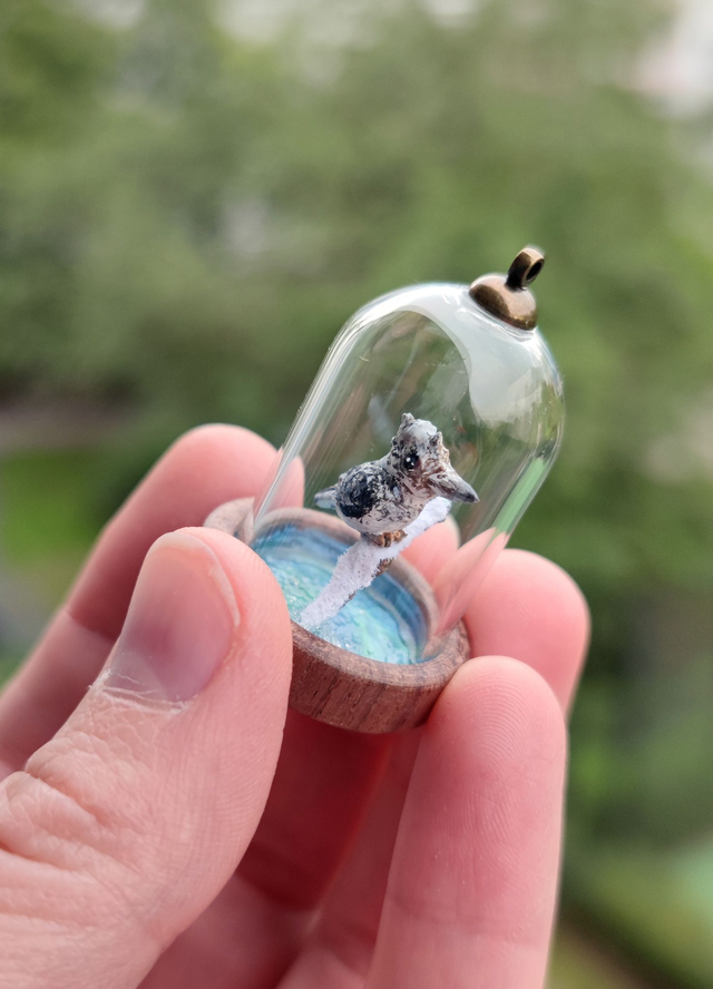 crested kingfisher - one of a kind miniature diorama jewelry