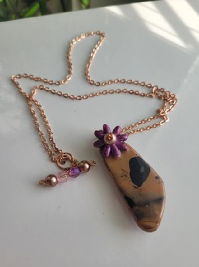 Necklace - Faux Driftwood Magenta Flower Pendant
