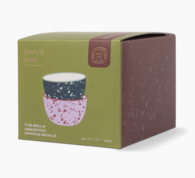 Here's How the Bella Dipping Bowls - Set of 2 - Navy &amp; Lilac Splatter