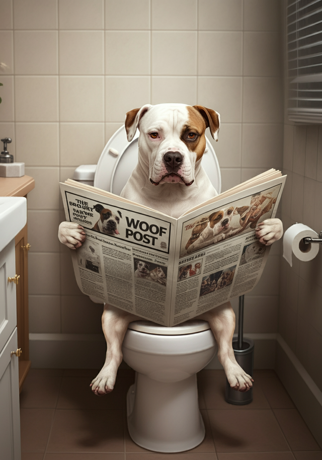 American Bulldog on the Toilet Framed Canvas