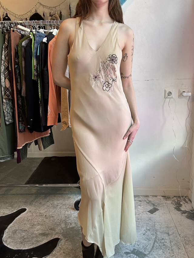 beige maxi dress with beaded embroidery
