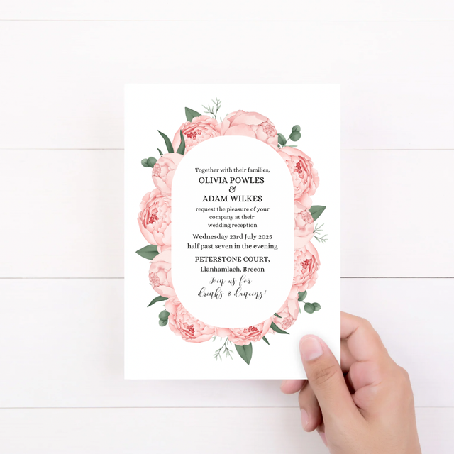 Beth - dusky pink peonies design A6 evening invitations