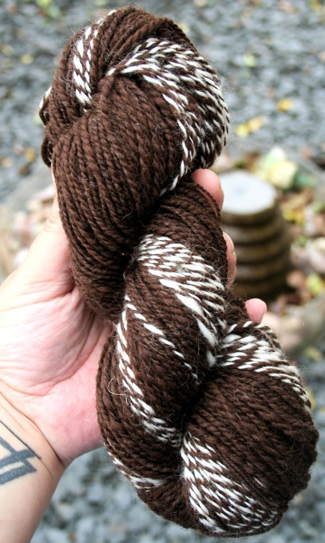 Écheveau de laine teinture végétale brou de noix et écru, 100 gr, retord deux fils 