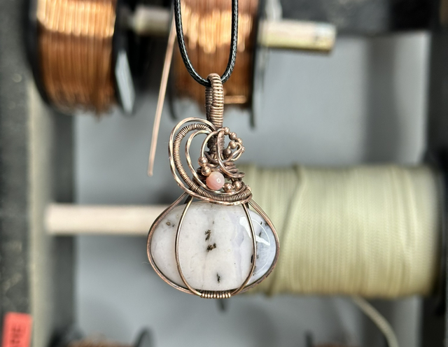 Pink dendritic opal pure copper wrapped pendant 