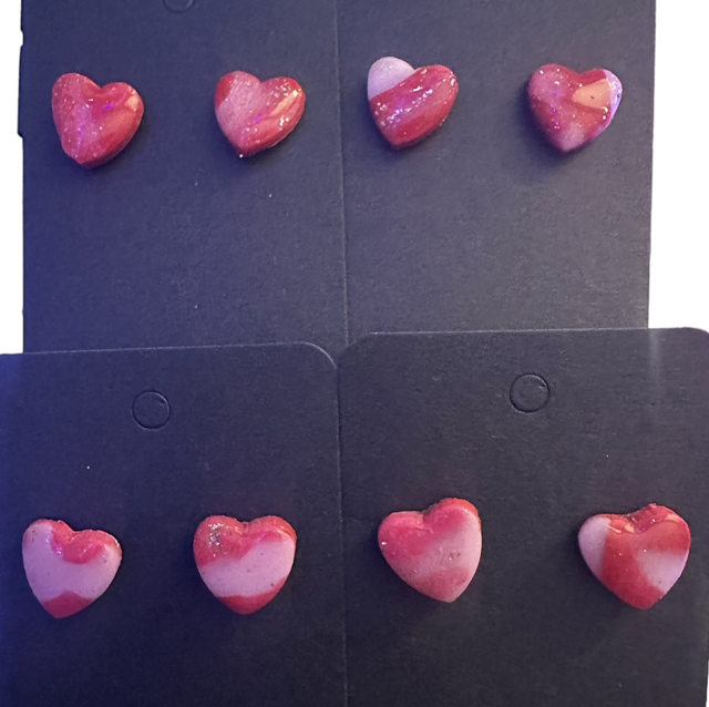 Small Red Pink and Gold Leaf Polymer Clay Heart Studs 