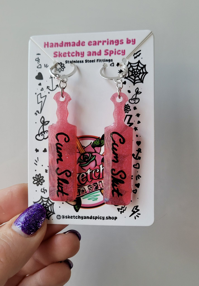 Earrings | CUM SLUT Cherry Red Shimmer Paddle Earrings | Stainless Steel Hooks