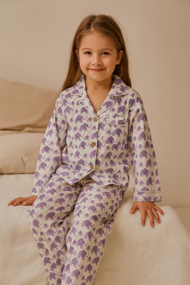Pyjama fille 7/8 ans beige – Motif éléphants violets