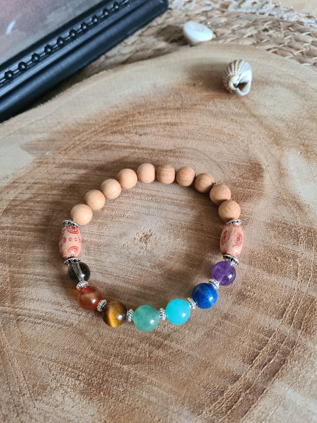 Bracelet 7 chakras et bois 8mm