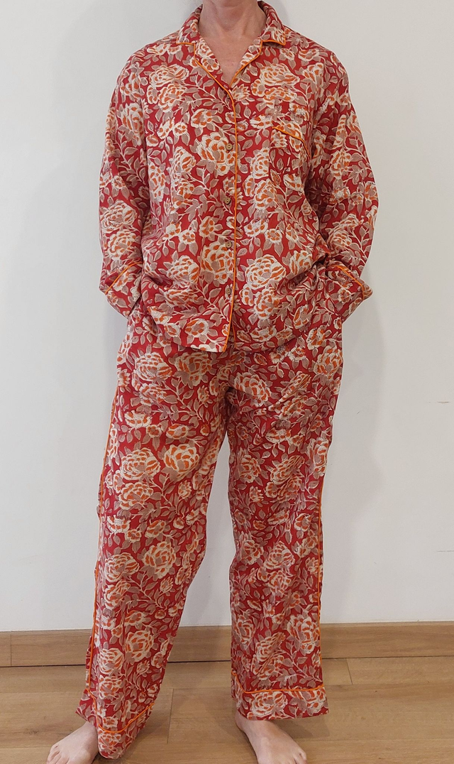 Pyjama femme en coton léger imprimé à la main – Ensemble boutonné deux pièces - rouge et orange