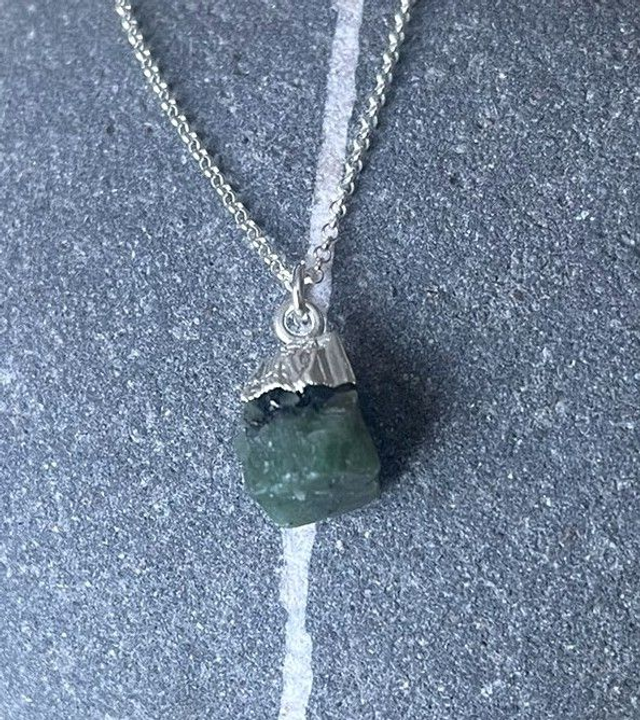 May - Emerald birthstone necklace - raw &amp; topped with sterling silver