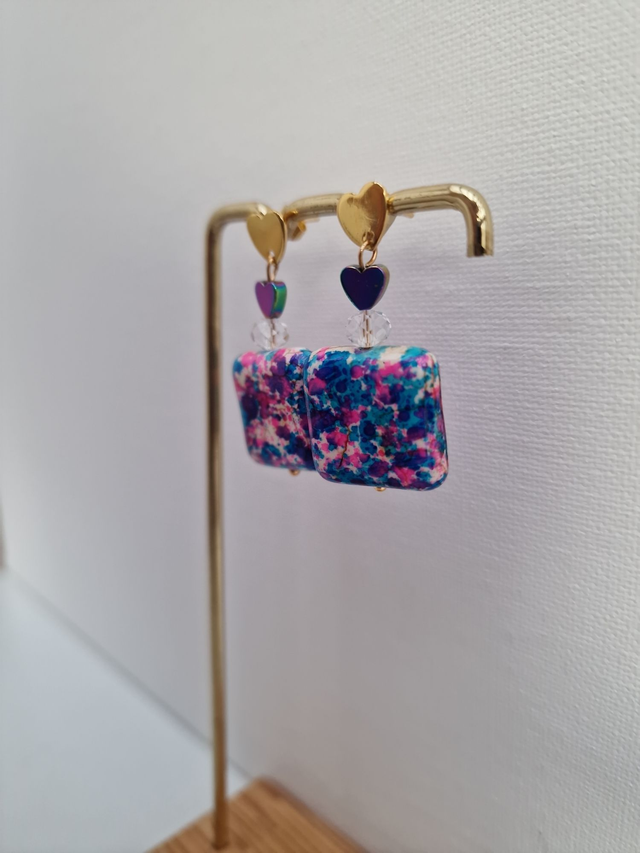 Boucles D'oreilles Acier Cœurs Multicolore Pierres Naturelles Multicolore