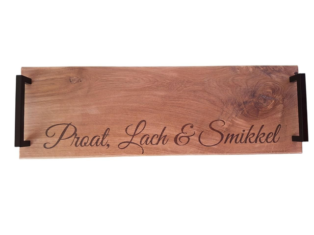 Eikenhouten Serveerplank – Proat, Lach & Smikkel (20x60 cm)