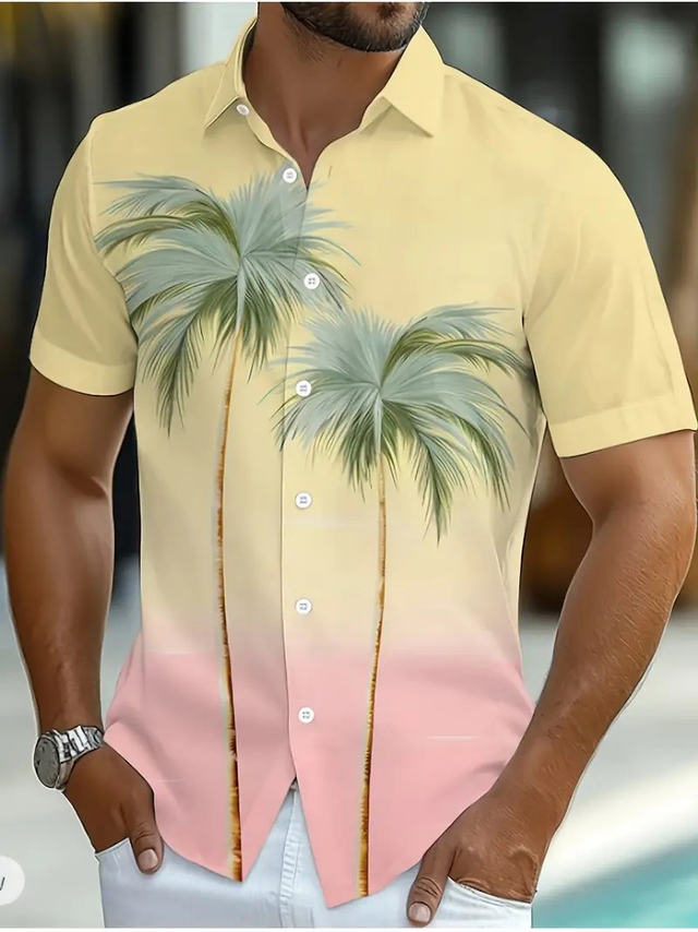 Men's Plus Size Hawaiian Palm Tree Print Short Sleeve Shirt