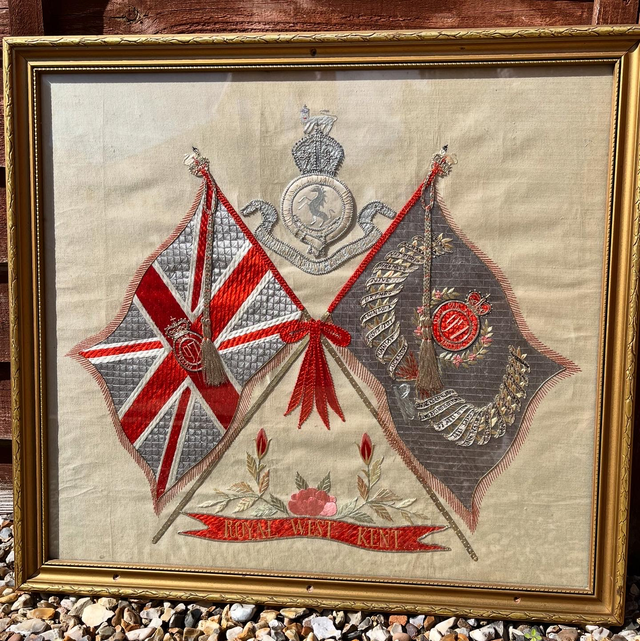 A Framed, Embroidered Silk Piece Depicting The Regimental Colours And Badge Of The Royal West Kent Regiment