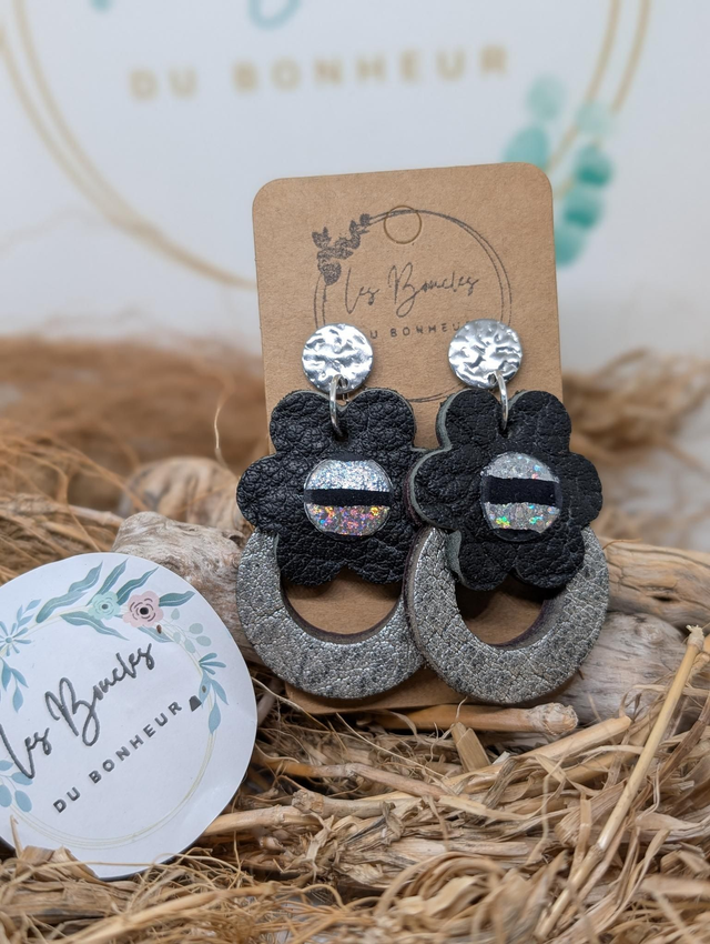 Boucles d'oreilles fleur rétro argenté et noir fr001