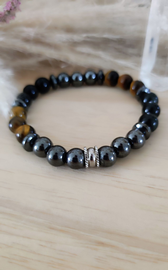 Bracelet "Triple Protection" Oeil de tigre, Obsidienne et Hématite