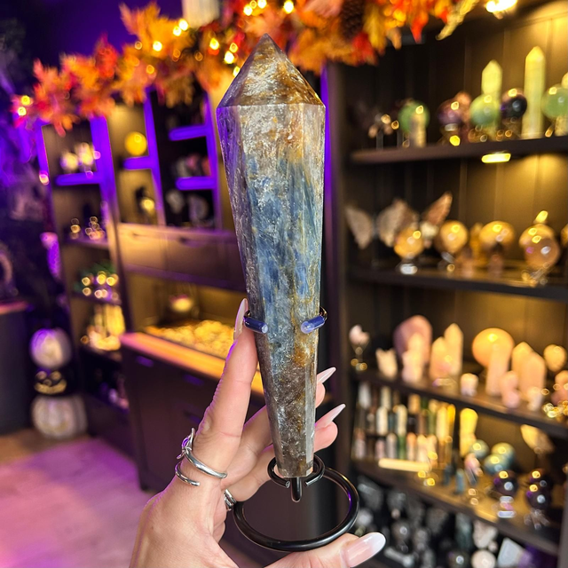 Blue Kyanite and Golden Healer Wand on Stand R54J1