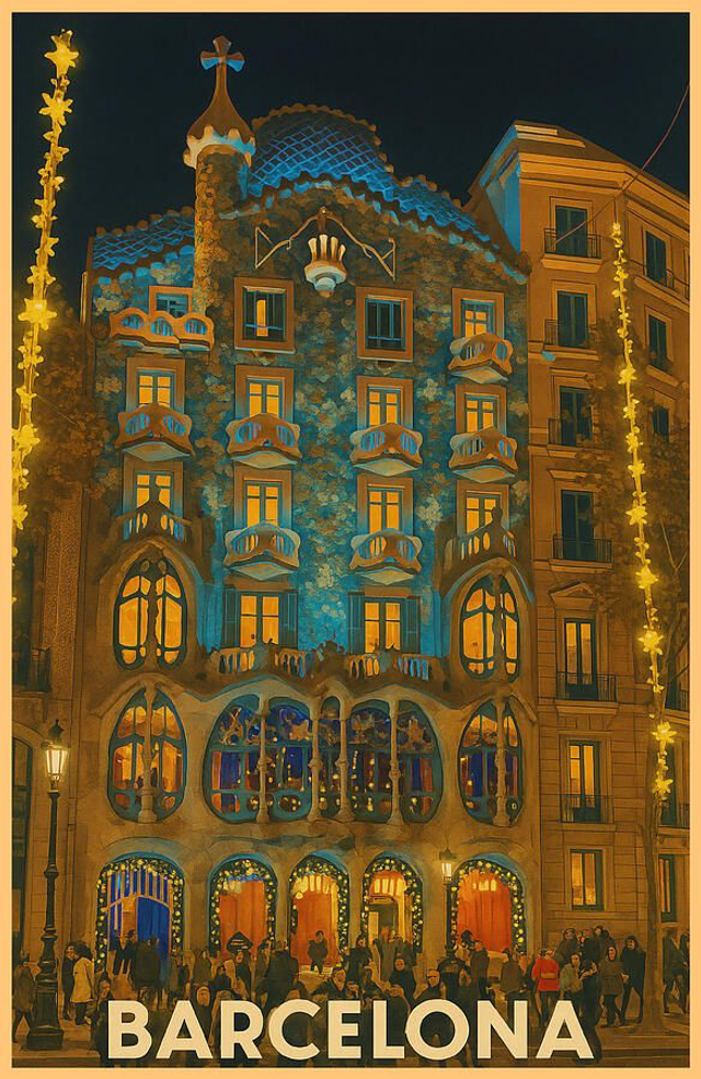 Casa Batlló Barcelona Noche de Navidad Vintage Catalunya Cartel Arte