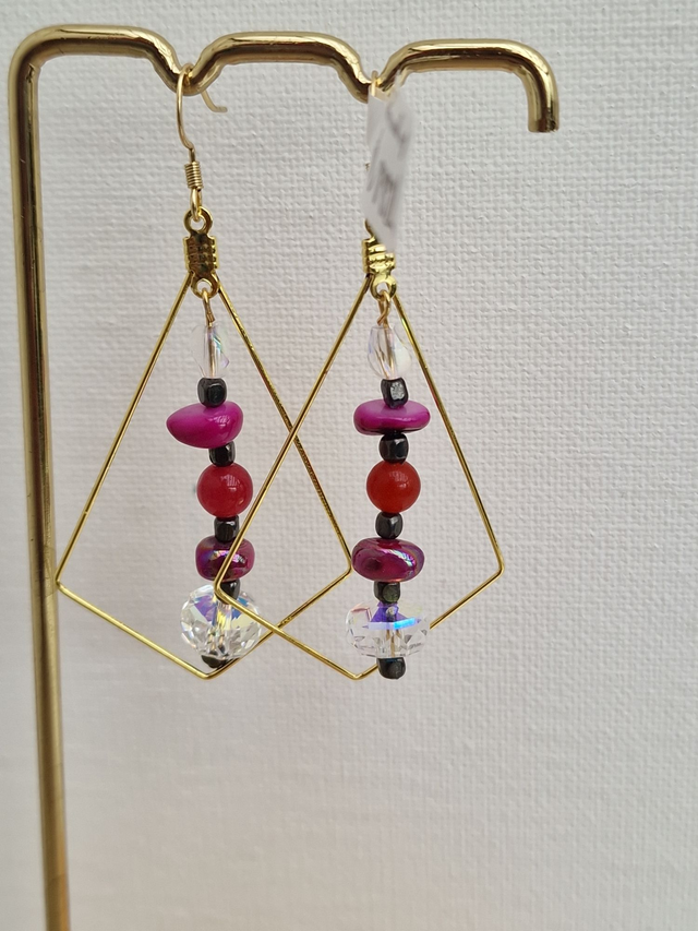 Boucles D'oreilles Acier Doré Perles Coquillage Hématite Cristal