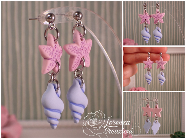 Orecchini a tema marino con conchiglie e stelle marine, rosa e beige (1)