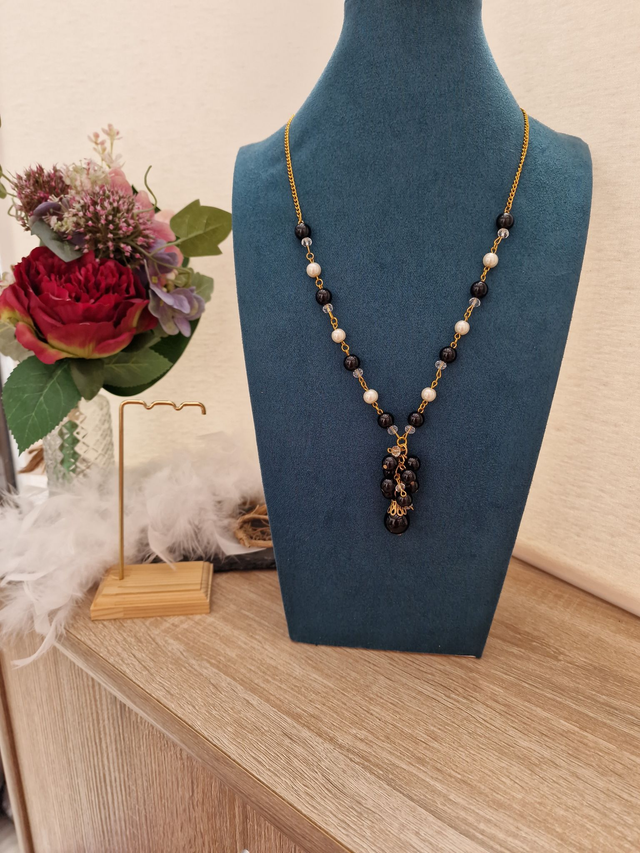 Collier Sautoir Grappe Doré Noir Et Blanc Cristal