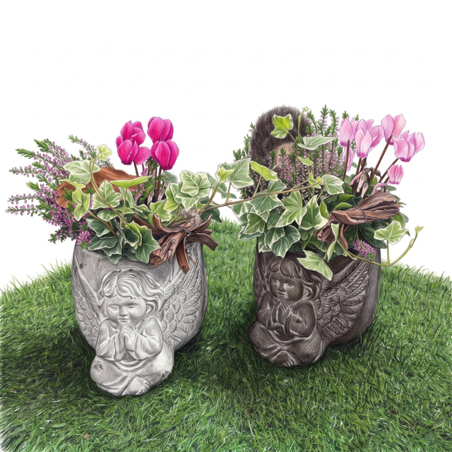Pot Ange du Souvenir végétalisé — Cyclamen, bruyère &amp; lierre d'automne

