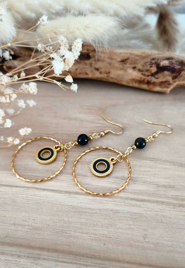 A Boucles d'oreilles "Anneau" Obsidienne